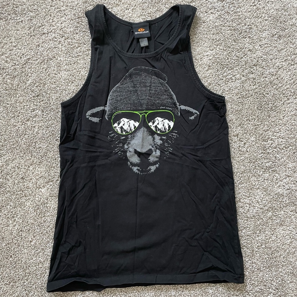 Black Tank Top with Cool Sunglass Beanie Goat Graphic